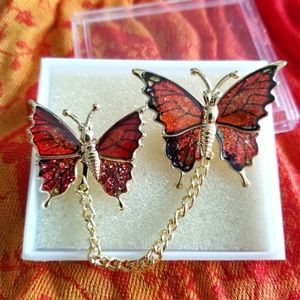 Vintage glitter butterfly brooch set New old stock Gold tone insect bug moth